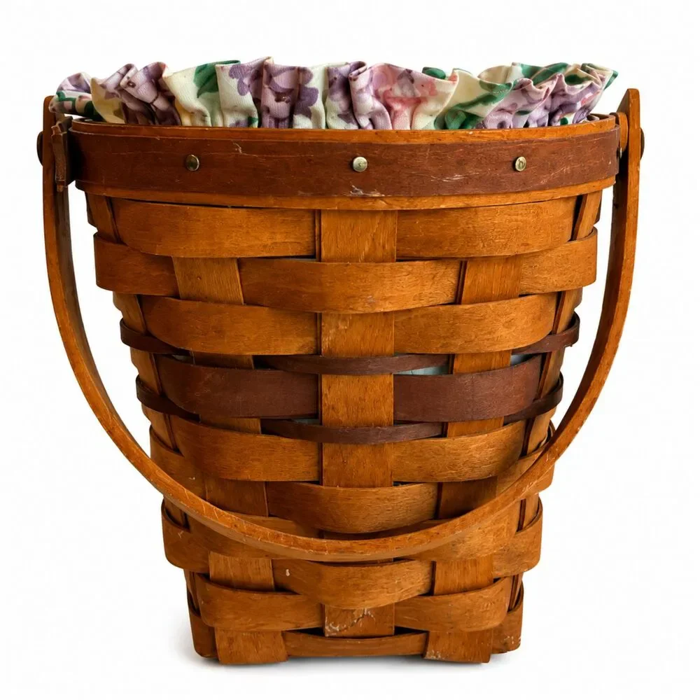 Vintage Longaberger Basket with Floral Liner & Protector with Lilac Ceramic Tie